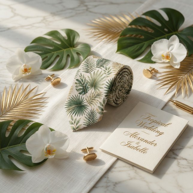 Cravate Feuille de Palmier Aquarelle Verte Or Tropical Lux (Créateur téléchargé)