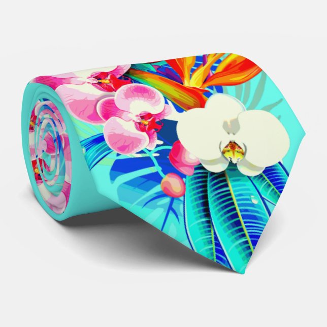 Cravate Feuille de palmier d'orchidée tropicale turquoise  (Roulé)