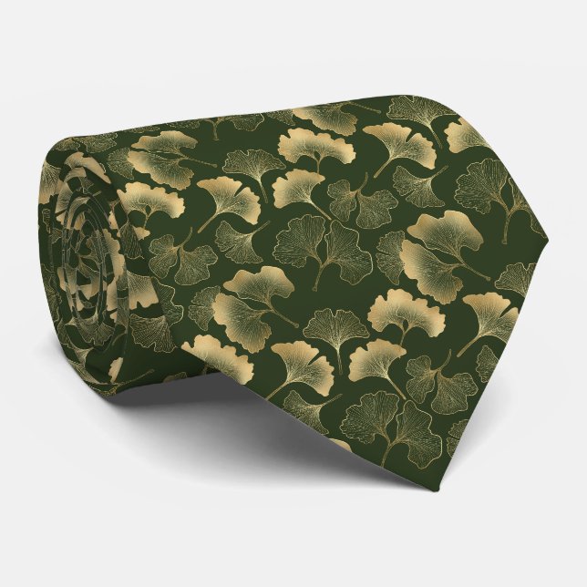 Cravate Feuilles de Ginkgo dorées élégantes Vert émeraude (Roulé)