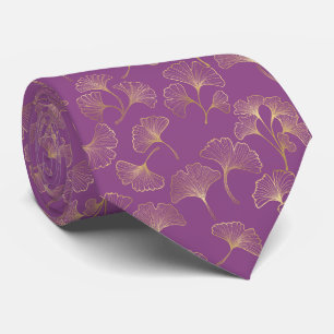 Cravate Feuilles de Ginkgo en Or Luxueux sur Fond Violet F