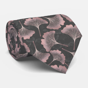 Cravate Feuilles de Ginkgo roses élégantes sur fond noir