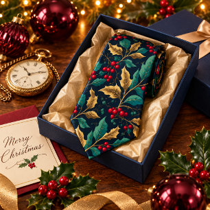 Cravate Feuilles de houx de Noël vintage Baies rouges