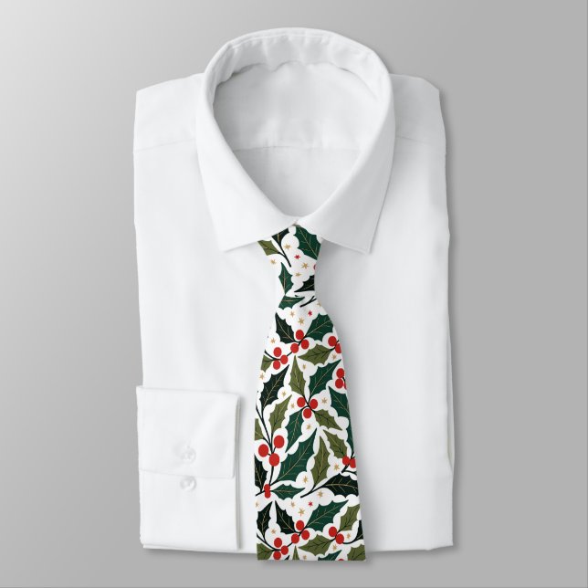 Cravate Feuilles de houx et étoiles Fond rétro moderne  (Attaché)
