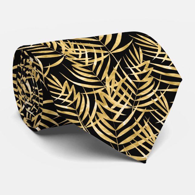 Cravate Feuilles de palmier dorées tropicales noires (Roulé)