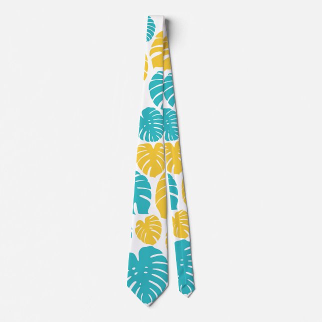 Cravate Feuilles Monstera en Turquoise, Jaune et Blanc (Devant)