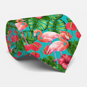Cravate Flamant rose et aquarelle du jardin tropical