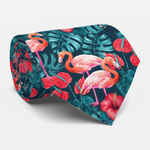 Cravate Flamant rose et aquarelle du jardin tropical