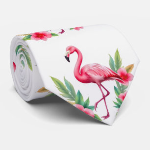 Cravate Flamant Rose Floral Hawaïen Aquarelle Tropicale