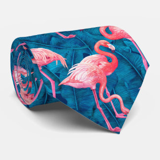 Cravate Flamants roses sur feuilles de bananes bleues