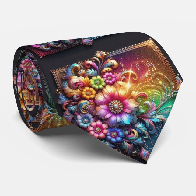 Cravate Flamboyant Neck Tie | Rainbow Flowers Faux Glitter (Roulé)