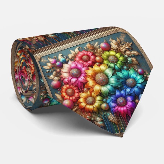 Cravate Flamboyant Neck Tie | Rainbow Flowers Faux Glitter (Roulé)