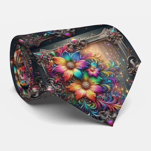 Cravate Flamboyant Neck Tie | Rainbow Flowers Faux Glitter (Roulé)