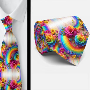Cravate Flamboyante Fleurs Arc-en-Ciel Faux Paille