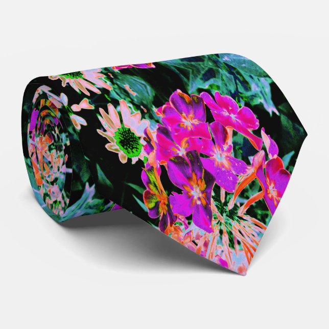 Cravate Fleur abstraite magenta et orange en fleurs (Roulé)