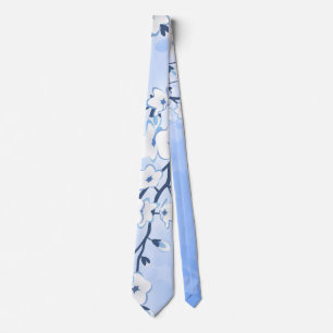 Cravate Fleur de Cerisier Floral Bleu Blanc