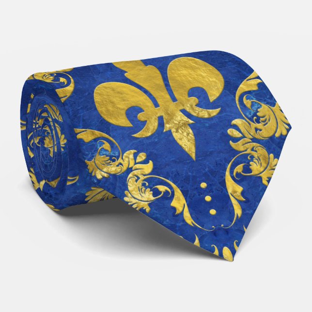 Cravate Fleur de lis motif marbre bleu et or (Roulé)