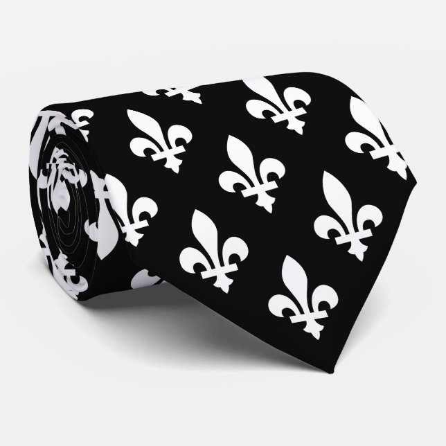 Cravate Fleur de Lis Motif, Royal French, Blanc sur Noir (Roulé)