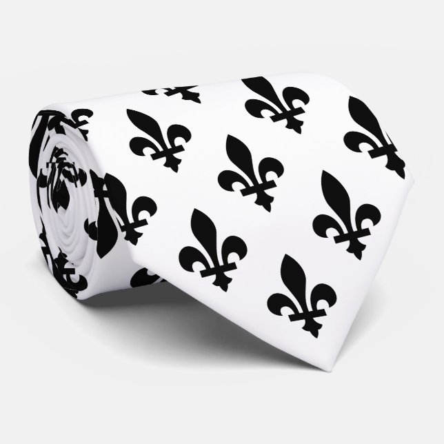 Cravate Fleur de Lis Motif, Royal French, Noir sur Blanc (Roulé)