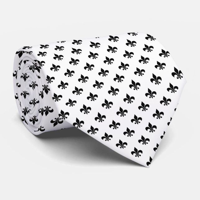 Cravate Fleur-de-lis noire moderne sur fond blanc (Roulé)