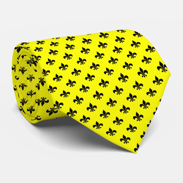 Cravate Fleur-de-lis noire moderne sur jaune (Roulé)