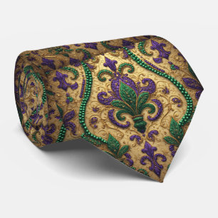 Cravate Fleur de lis vert violet or Mardi Gras vintage