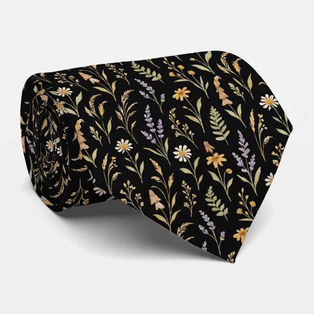 Cravate Fleur de Prairie Sauvage Bohème Noire (Roulé)