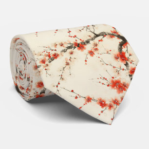 Cravate Fleur de prunier rouge aquarelle - Art floral orie