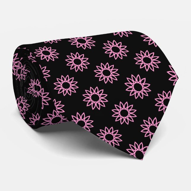 Cravate Fleur géométrique 01 - rose sur noir (Roulé)