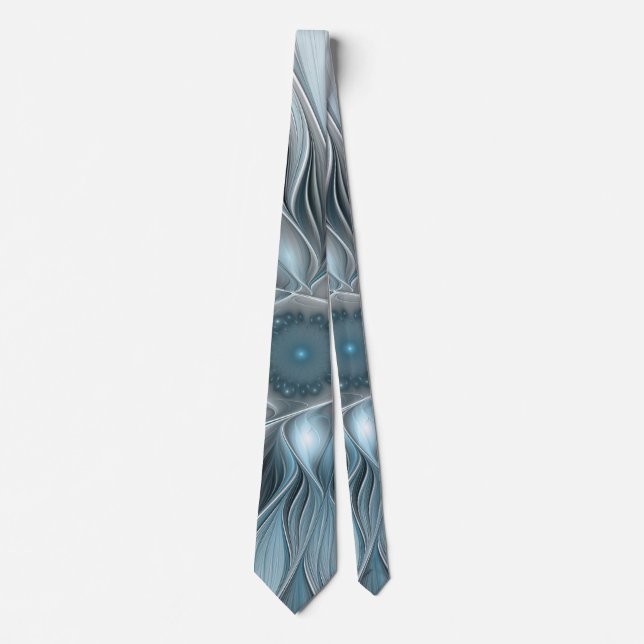 Cravate Fleur Joyeuse Abstrait gris bleu floral Fractal (Devant)