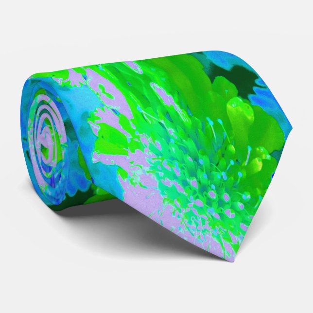 Cravate Fleur rétro Abstraite en Lavande et Lime Green (Roulé)