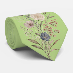 Cravate Fleur sauvage botanique de style brodé vert