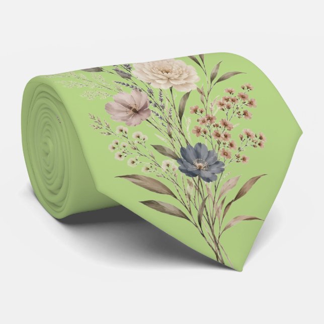 Cravate Fleur sauvage botanique de style brodé vert (Roulé)