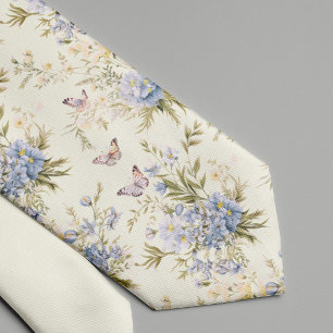Cravate Fleur sauvage pastel bleu ivoire jardin de printem