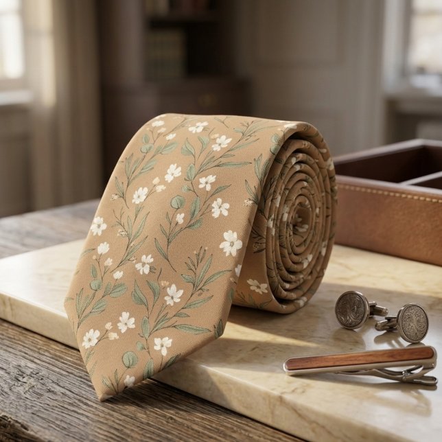 Cravate Fleur sauvage Tan Fleur délicate blanche & Feuille (Créateur téléchargé)