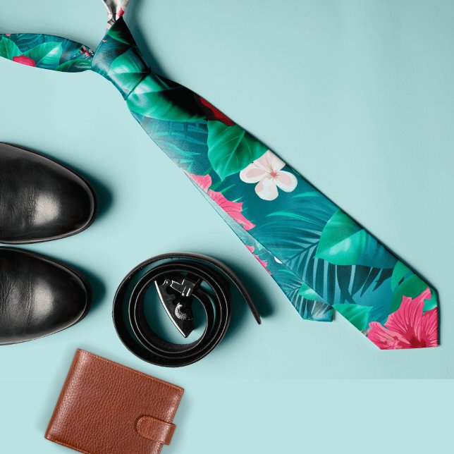 Cravate Fleur tropicale colorée et feuilles Eté  (Créateur téléchargé)