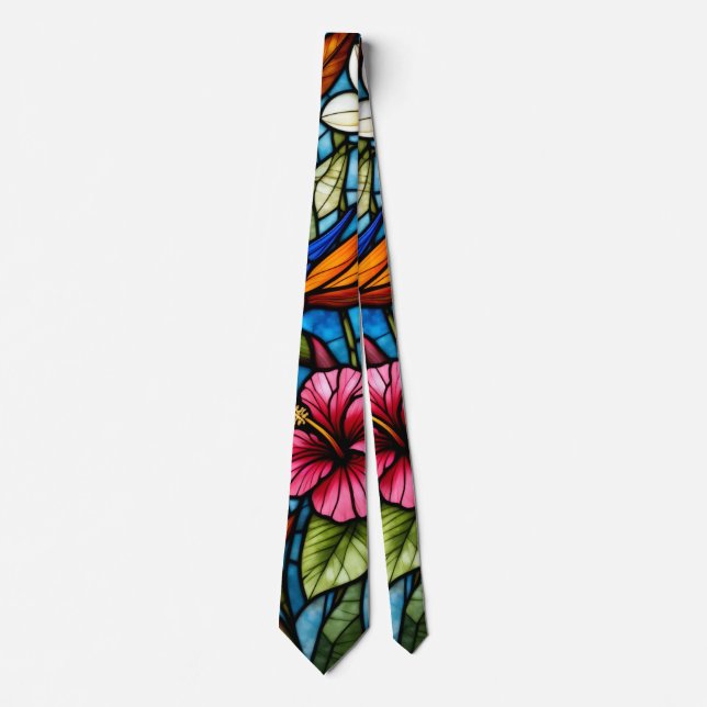 Cravate Fleur tropicale en vitrail floral vibrant  (Devant)