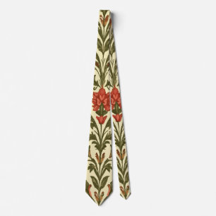 Cravate Fleuris vintage orange foncé et vert sur fond jaun