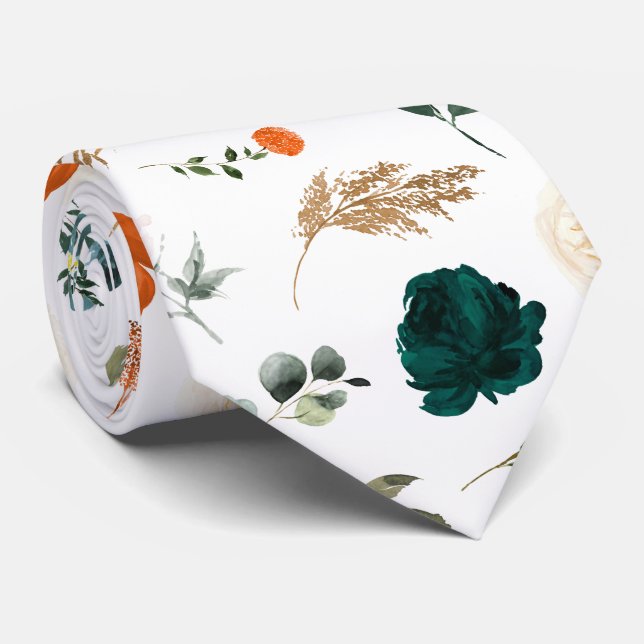 Cravate Fleurs à l'aquarelle Forêt verte Rouille orange Ro (Roulé)