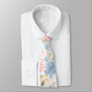 Cravate Fleurs à l'aquarelle Roses Bleu Poussiéreux Rose P