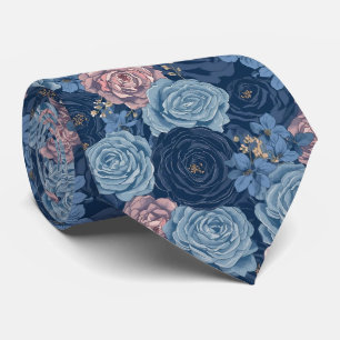 Cravate Fleurs à l'aquarelle Roses Navy Bleu Poussiéreux