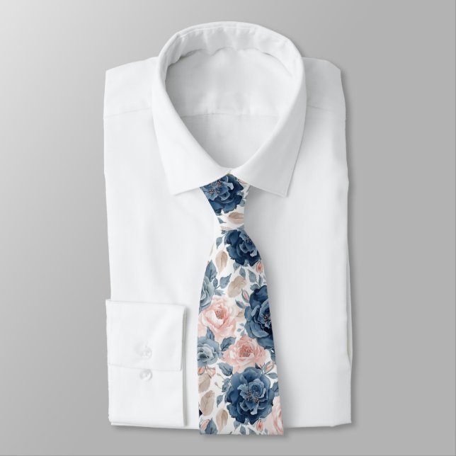 Cravate Fleurs à l'aquarelle Roses Navy Bleu Poussiéreux (Attaché)