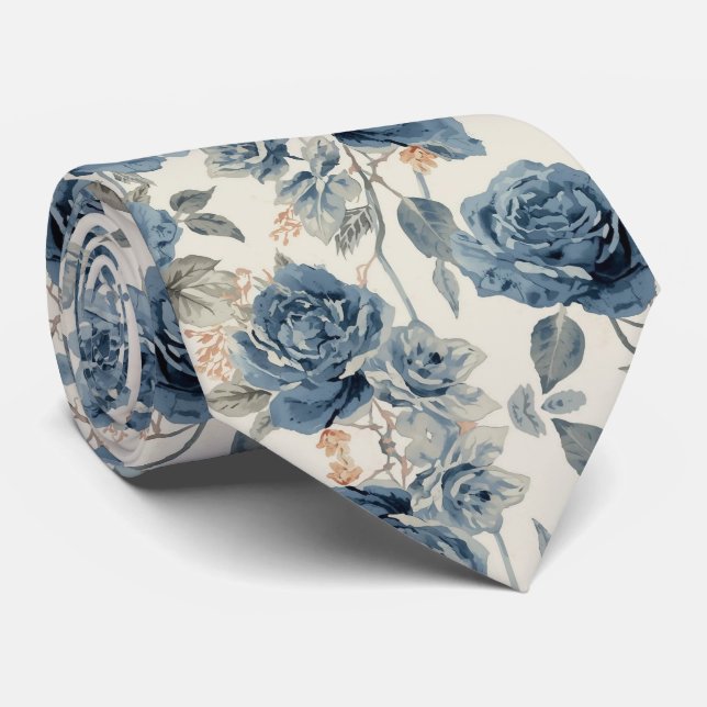 Cravate Fleurs à l'aquarelle Roses Navy Bleu Poussiéreux (Roulé)