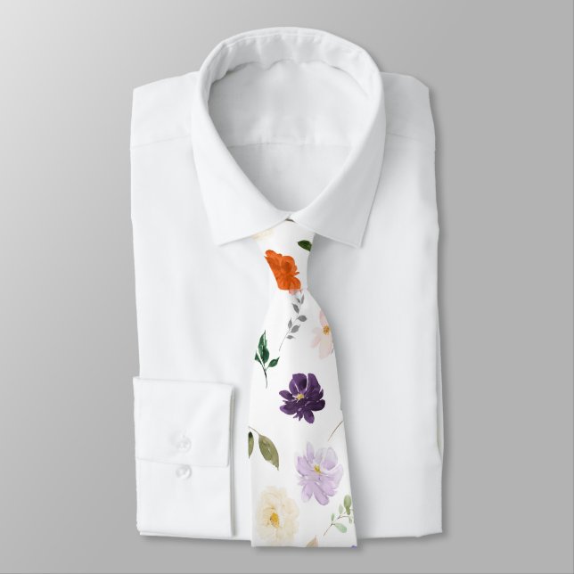 Cravate Fleurs à l'aquarelle Violets et rouille orange Ros (Attaché)