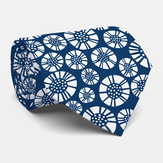 Cravate Fleurs Abstraites 031023 - Blanc sur Bleu Shibori (Roulé)