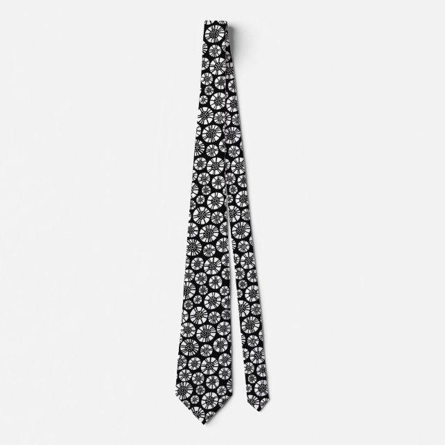 Cravate Fleurs Abstraites 031023 - Blanc sur Noir (Devant)