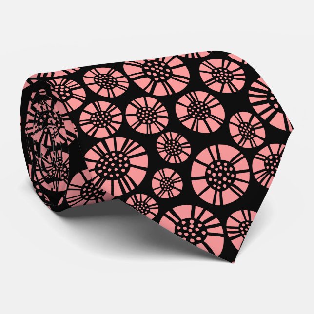 Cravate Fleurs Abstraites 031023 - Rose Pâle sur Fond Noir (Roulé)