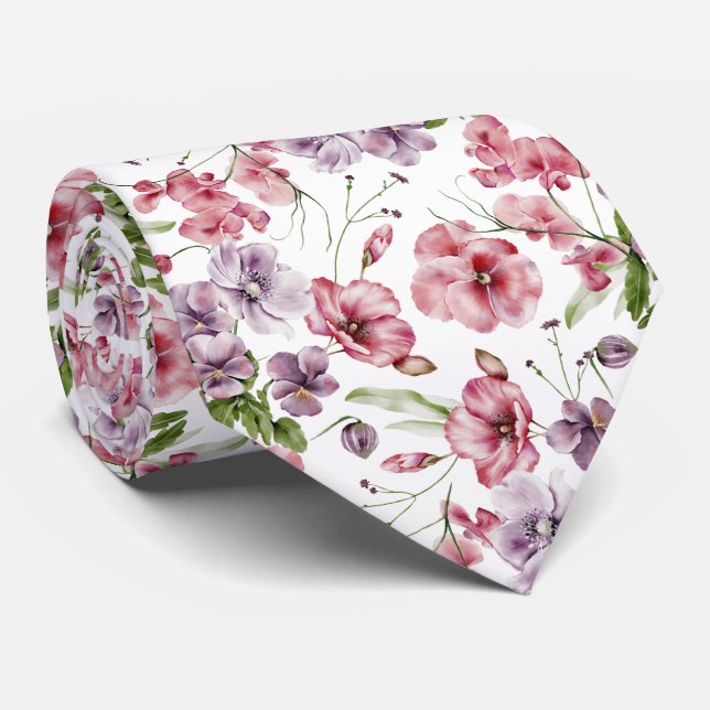 Cravate Fleurs anglaises vintage aquarelle rose  (Roulé)