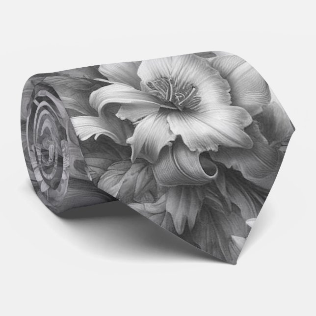 Cravate Fleurs Antiques Noir & Blanc Parfaites (Roulé)