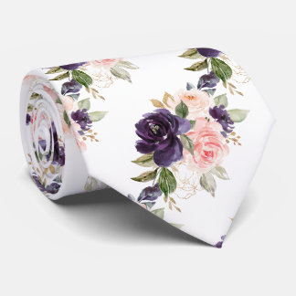 Cravate Fleurs Aquarelle Aubergine Roses Roses Pourpres Bl