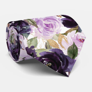 Cravate Fleurs Aquarelle Aubergine Violet Lilas Roses